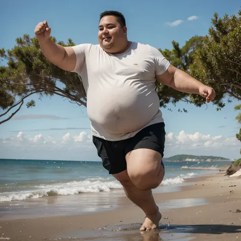 Create a drawing of a fat boy running towards the sea with a plate of food in his hand 