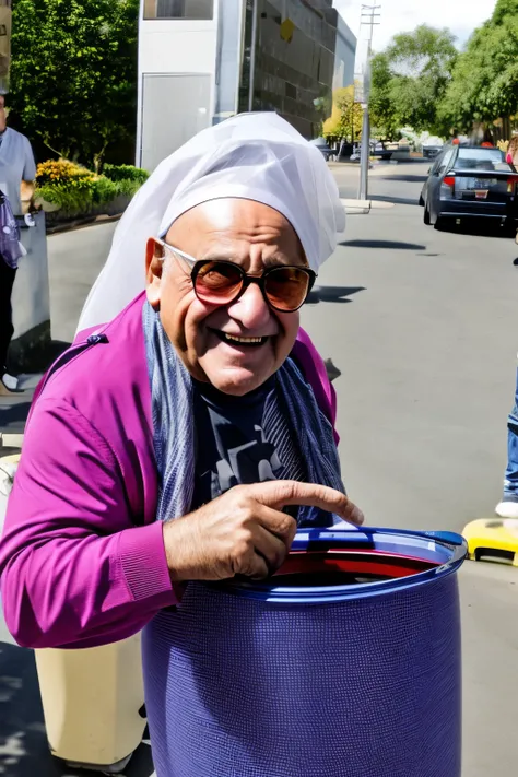 Danny Devito Wearing a purple Trashbag