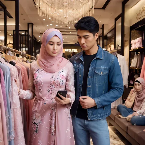 a beautiful hijab woman with a floral patterned dress and pearl accents is choosing a dress from a display rack, beside her there is a handsome Asian man who accompanies her with short black hair, wearing a blue jeans jacket and blue jeans, while holding a...