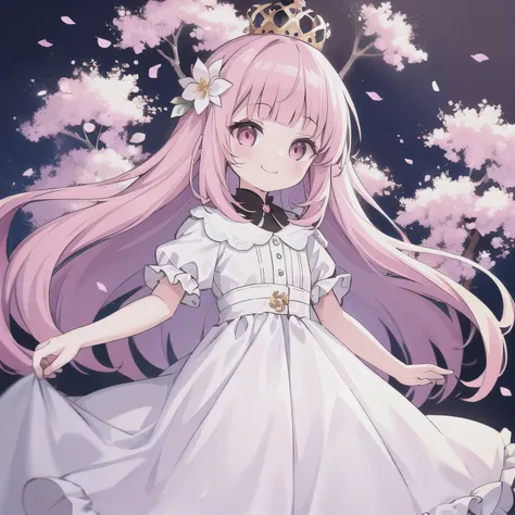 1girl, masterpiece, wearing white dress, long hair, wearing crown, pink eyes, smile, 8k resolutions, looking to the side, blunt bangs, pink hair, flower hair ornaments