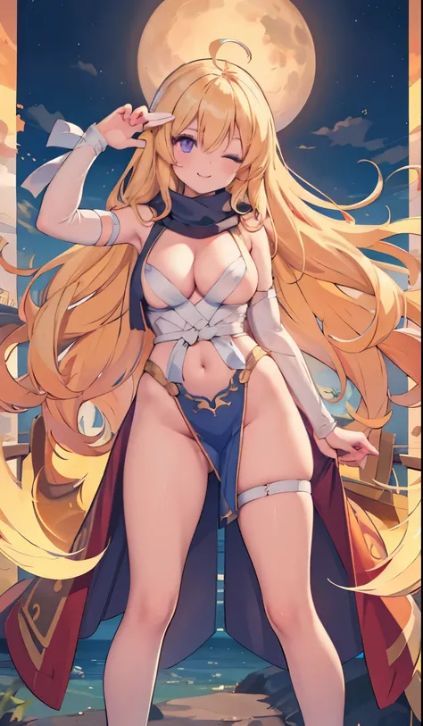 1girl, ahoge, bangs, blonde hair, large cleavage, eyelashes, face, floating hair, hair between eyes, lipstick, long hair, looking at viewer, makeup, night sky, nose, orange scarf, purple eyes, realistic, smile, mouth open, solo, yang xiao long, nude:1.2, n...