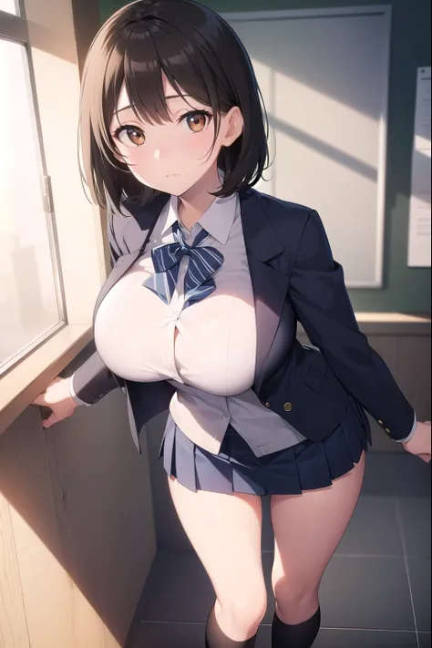 black hair, (brown eyes:1.5),  (shot hair:1.6),
BREAK blazer, blue skirt, jacket, otonokizaka , pleated skirt, , winter uniform, (short skirt:1.6), (micro skirt:1.6), (big breasts:1.6), (slender:1.4), (thong:1.2), 
BREAK looking at viewer,
BREAK indoors, c...