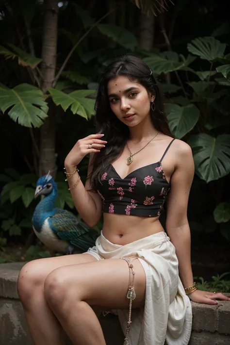 photography of a 20yo woman, perfect face, masterpiece, lehnga, indian girl dusky skin, having rose in hair , sit on cow, peacocks🦚 are standing in side in jungle jewellery in head neck, elbow hands finger, waist, wrists, bindi on head, 
4 necklaces in nec...