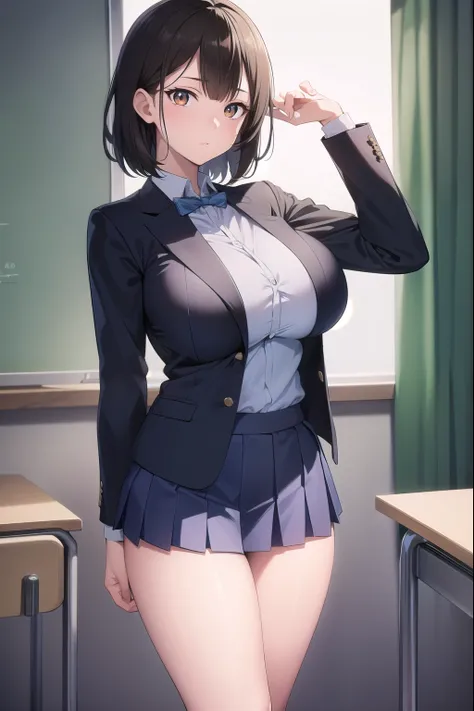 black hair, (brown eyes:1.5),  (shot hair:1.6),
BREAK blazer, blue skirt, jacket, otonokizaka , pleated skirt, , winter uniform, (short skirt:1.6), (micro skirt:1.6), (big breasts:1.6), (slender:1.4), (thong:1.6), 
BREAK looking at viewer,
BREAK indoors, c...