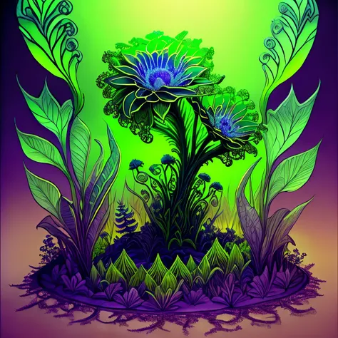 (best quality,sketch-like,masterpiece:1.2),ultra-detailed,realistic,horror,green monster,monstrous flower,carnivorous plant,D&D monster,video game bestiary,plant,transformation,intricate details,sharp focus,ethereal lighting,vivid colors,exotic texture,omi...