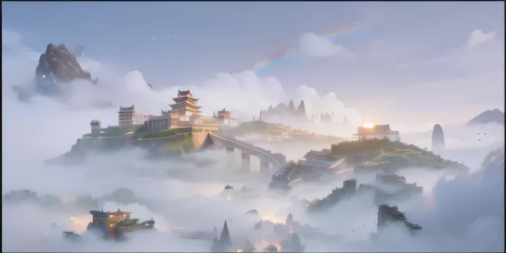 
There is a painting of a castle on a hill，There is a rainbow in the sky, Concept art by Qu Leilei, Art Station Contest Winners, fantasy art, ancient city landscape, g liulian art style, Dream China Town, Cyberpunk Chinese Ancient Castle, andreas rocha sty...