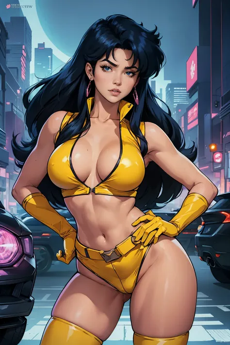 yuri from the dirty pair wearing a skimpy yellow outfit, cleavage, big eyed beauty, long black hair, cyberpunk city background