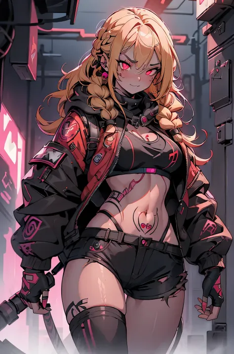 1girl, rebecca \(cyberpunk\), full body, solo, blonde braid hair, glowing red eyes,laugh fearlessly, leg tattoo, neck tattoo,  l...