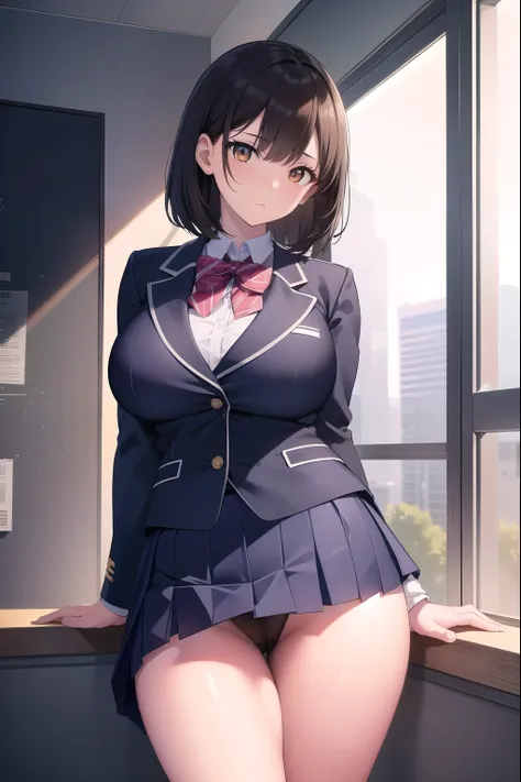 black hair, (brown eyes:1.5),  (shot hair:1.6),
BREAK blazer, blue skirt, jacket, otonokizaka , pleated skirt, , winter uniform, (short skirt:1.6), (micro skirt:1.6), (big breasts:1.6), (slender:1.4), (thong:1.6), 
BREAK looking at viewer,
BREAK indoors, c...