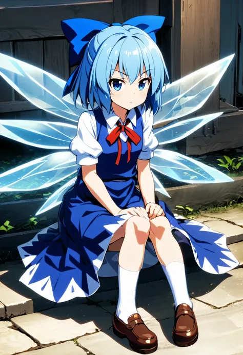 1girl, cirno, touhou,short hair, blue hair, ice wings, fairy wings, blue eyes, bangs, flat chest, small breasts,white shirt, collared shirt, puffy short sleeves, blue dress, pinafore dress, red ribbon, neck ribbon, long dress, short dress, white legwear, s...