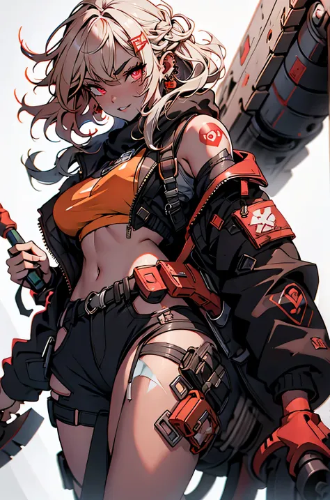 1girl, rebecca (cyberpunk), full body, solo, blonde braid hair, glowing red eyes,laugh fearlessly, leg tattoo, neck tattoo,  large chest, black bra, thong, red pupils, skin fang, red eyes, black jacket, ((carry a big hammer on your shoulder、white backgroun...