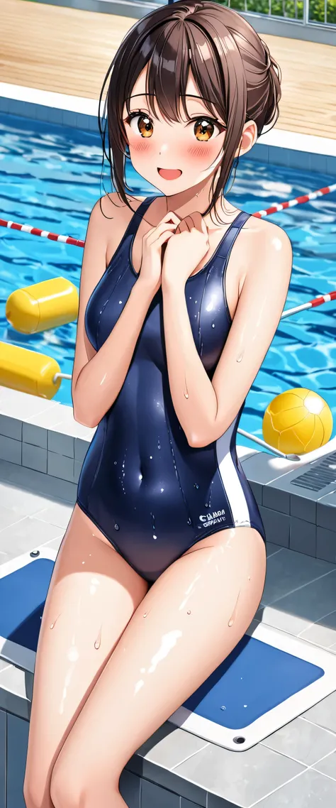 High resolution, woman , good lighting, despicable, , (No nudity), (((Dark blue shiny school swimsuit))), pool, cute face, I&#39;m embarrassed and blush, humiliating, ((spread your legs and sit)), ((wet with sweat))((A sticky  adheres to your swimsuit.))si...