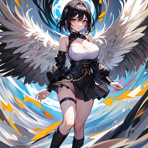 (1 seraphim girl standing on peak of frozen snowy mountain) higher than overcast, blowing frozen wind, (solo), swinging back, multiple wings, (she has 12 wings on her back), (6 white wings:1.5) and (6 black wings:1.5), BREAK, (wearing nothing without a lac...