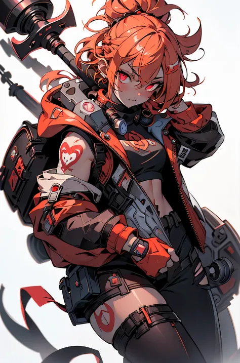 1girl, rebecca (cyberpunk), full body, solo, blonde braid hair, glowing red eyes,laugh fearlessly, leg tattoo, neck tattoo,  large chest, black bra, thong, red pupils, skin fang, red eyes, black jacket, ((carry a big hammer on your shoulder、white backgroun...