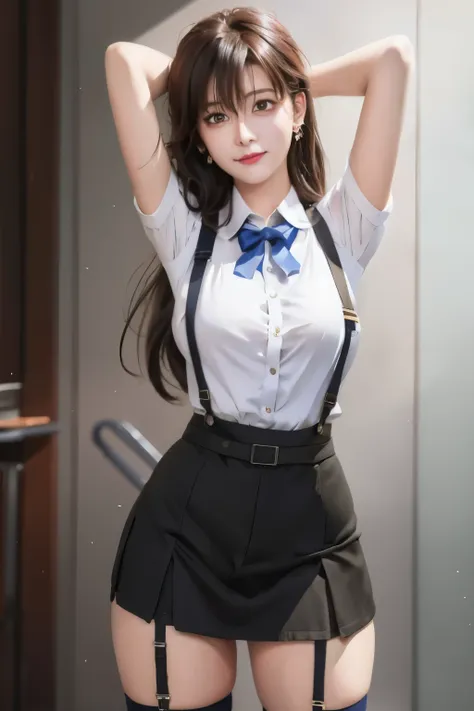 arafed woman in a short skirt and suspenders posing for a picture, a hyperrealistic schoolgirl, hyperrealistic schoolgirl, realistic , smooth anime cg art, seductive anime girl, attractive anime girl, photorealistic anime girl render, beautiful anime high ...