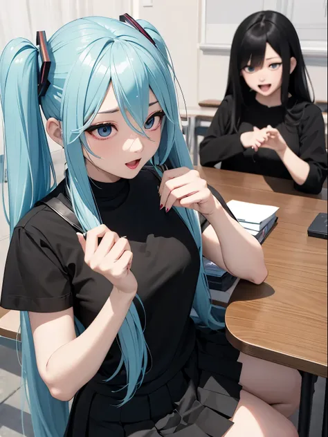 3 women、drunk、cross-eyed、ahegao、black shirt、pleated skirt、hatsune miku、8k high quality、super realistic details、table top、3d rend...