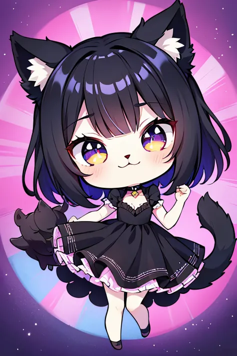 chibi, full body, (big head:1.5), super deformed, furry, personified, best quality, super fine, 16k, incredibly absurdres, extremely detailed, black cat beast-girl, looks very happy wearing cute frilly dress, cute pose, fantasy world image, variety of visu...