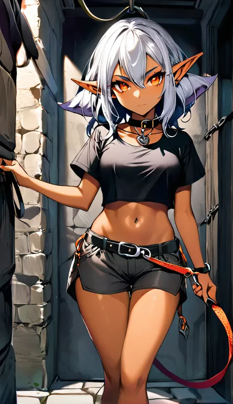 1girl,solo,((collar,leash)),grey hair,orange eyes,dungeon,((dark skin,dark elf)),pointy ears,elf,navel,midriff,anothers hand holding leash,shorts,t-shirt
