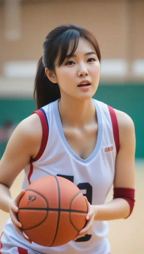 close-up of cute korean female, 36 breasts size, playing basketball, dribbling ball, wearing basketball jersey, at basketball club, bokeh background, Uhd
