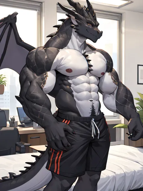 masterpiece, anthropomorphic black dragon, white belly,There is a pair of beautiful dragon horns., Black Dragon Scales,1 tail, very muscular body, nice, Shorts only, office worker　8 packs of firm abs　Amazing arm muscles　good looking　whole　face down on the ...