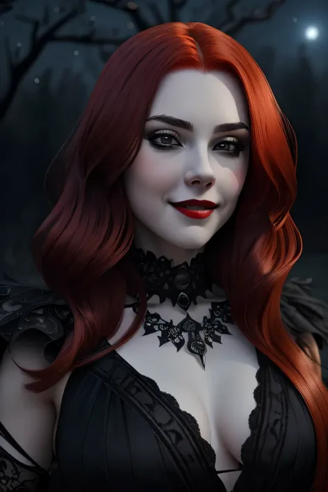 (portrait shot, ((vivid red hair)), mature woman, 30 years old, diamond face, moonlight, red starry sky background, depth of field, magic, big red lips, ((dark black eyes)) black and red long and full dress, covered chest, mystical atmosphere, ominous shad...