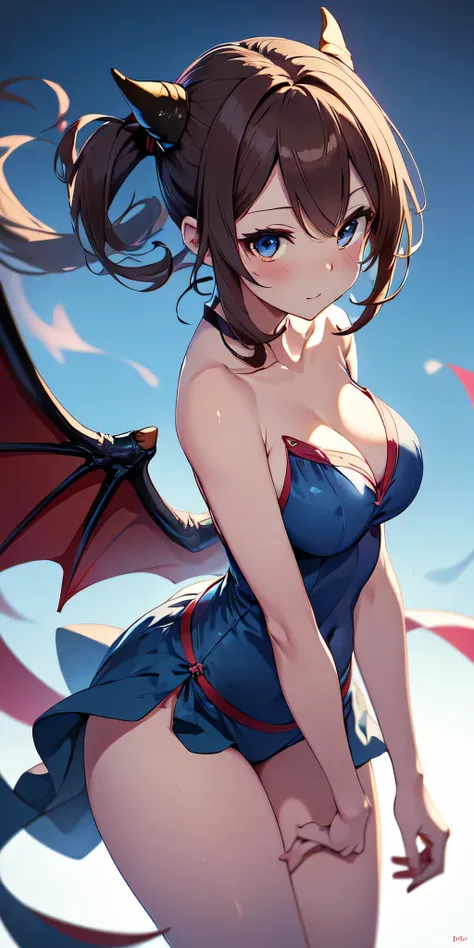 (large demon wings the size of her body), 1 demon girl, bright yellow crystal eyes whit , demon horns, demonic tail, long light blue hair, bewitching smile, (lips parted), hair ornaments, provocative blue clothes, (Flying like an owl when hunting), approac...