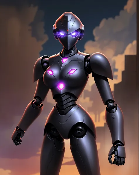 Evening background, black iron robot, doll robot, high performance, high quality, armed, sharp armed, thick armor, eyes purple, glowing purple, sharp eyes, rogue robot, sky in background,