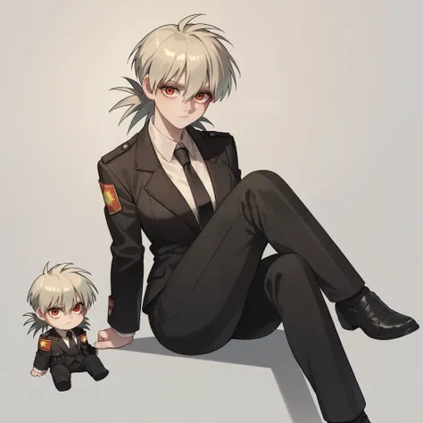 score_9, score_8_up, score_7_up, source_anime, solo, 1girl, hellsing, formal, suit, black jacket, black necktie, long sleeves, black pants, fumo (doll), chibi, sitting, fumo