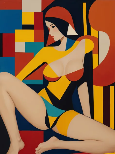 The painting depicts a stylized female figure in a seated position, rendered in a cubist fashion. It features a patchwork of vibrant colors—reds, blues, pinks, and yellows—arranged in an abstract manner that gives the piece a dynamic sense of movement. Eac...