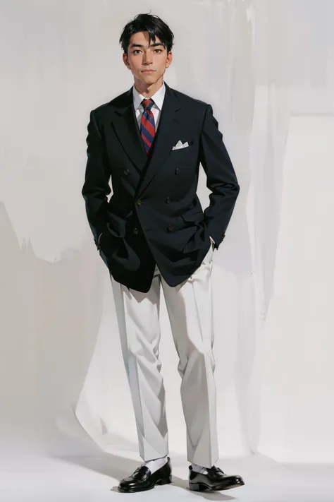 arafed man in a tailored linen sport jacket and tie standing with his hands in his pockets, full body photograph, full body wide shot, full body portrait shot, long full body shot, full - body - front - shot, joe biden full body shot, full body length shot...