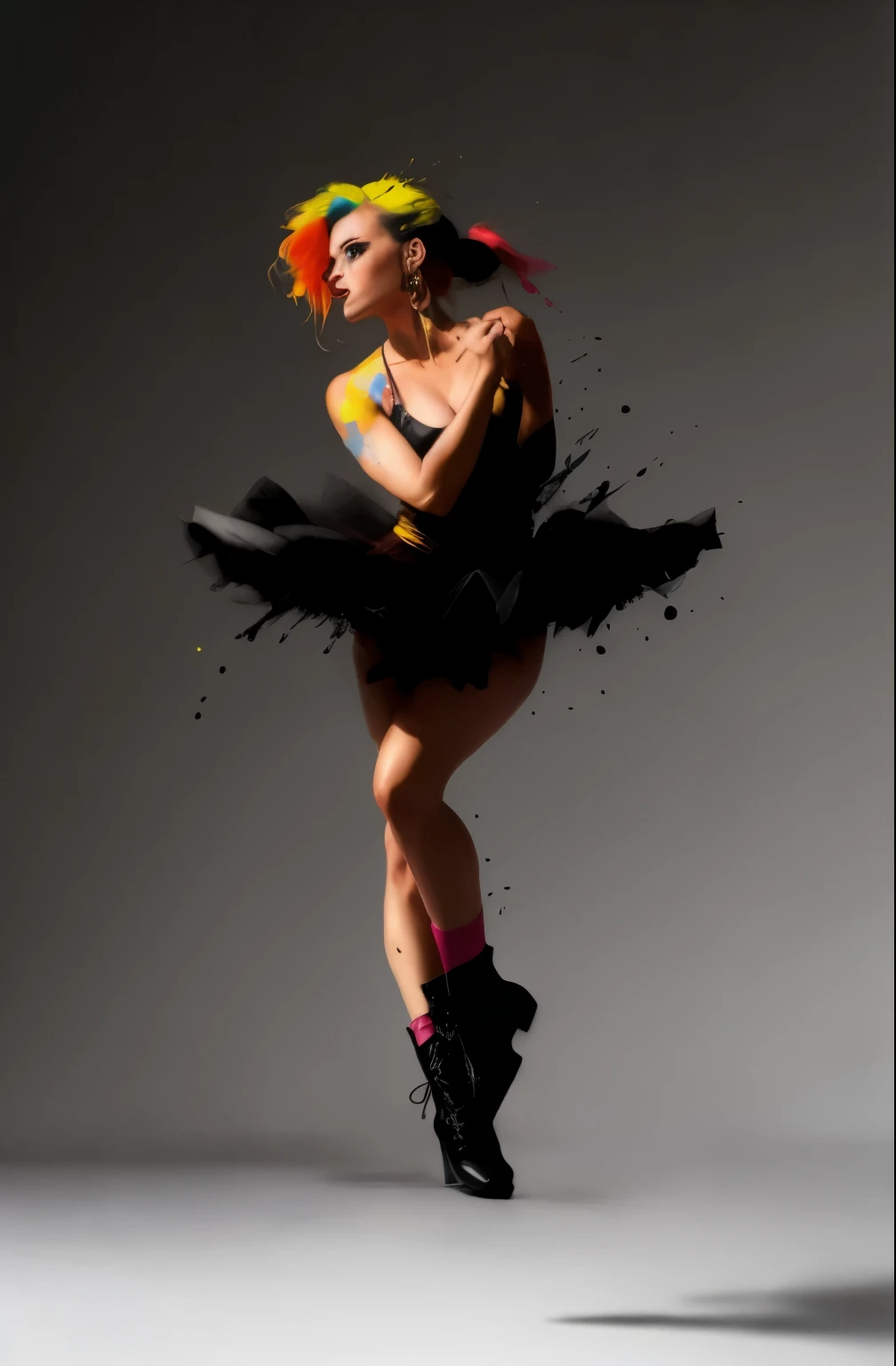 woman in dance boots art, dance punk, color splash, splatter color