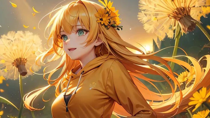 upper body, solo, 1girl, :D, medium breasts, golden hair, long bangs, green eyes, beautiful detailed face, ultra detailed eyes, orange hoodie, night, dandelion (flower), floral background 