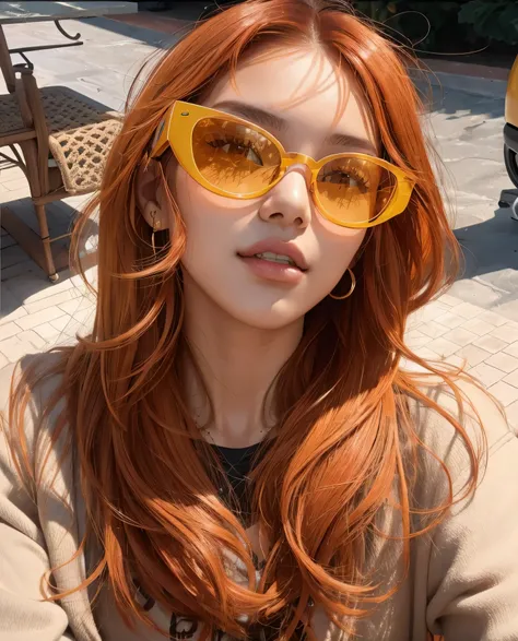 Mujer arafed con pelo rojo y gafas de sol amarillas sentada en un banco., con gafas de sol, bella delfina, gafas de sol naranjas, wearing gafas de sol naranjas, bella thorne, gafas ambar, ulzzang, pelo largo naranja, She has long orange-brown hair., con ga...