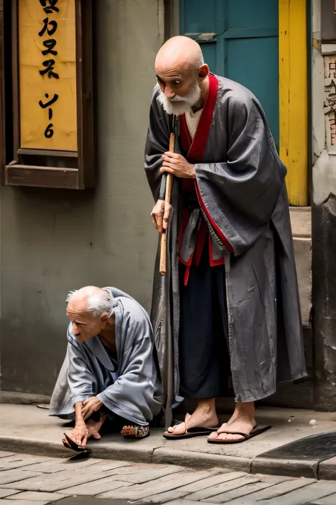 gray hair bald、The mouse&#39;s kimono was left open and he put on the sandals.９０A thin, dirty old homeless man with a cane.