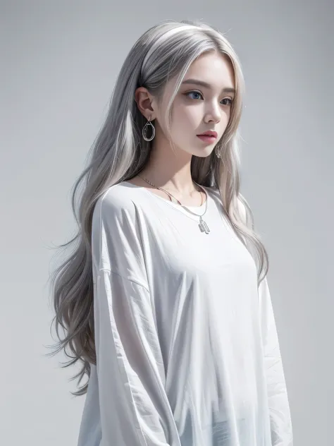 (8K, highest quality, High resolution, masterpiece :1.3), (white background), stylish, hisense, fashion, long contour, long slit eyes, wavy silver bob hair, hair band, oversized clothes, baggy clothes, Upper body, necklace, earrings, graphic design