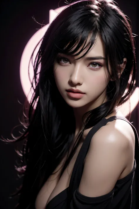 1girl, akali, kda, akali league of legends, sexy, star eye, blush, perfect raw photo, black hair, purple eyes, unreal engine, sidelighting, detailed face, bangs, bright skin, simple background, dark background, purple light rim, volumetric lighting