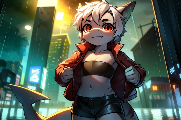 ((shark)), solo, young, cub, flat chest, grey body, (short snout), red eyes, white spiky hair, fangs. shark tail, red open jacket, ((black tube top)), ((black short shorts)), ((standing)), looking at viewer, city background. ((raining)), (((heavy rain))), ...