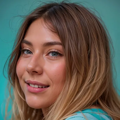 woman with long hair and blue shirt smiling at camera, soft portrait shot 8 k, headshot profile picture, lofi portrait, photo of young woman.