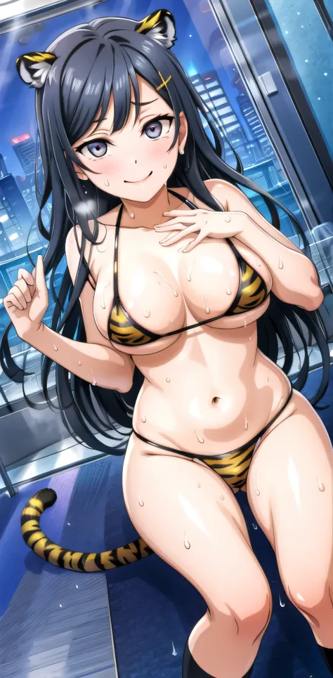 (masterpiece, highest quality, super detailed), (figure), (detailed and beautiful eyes), (1 girl), (alone), looking at the viewer, cowboy shot, blush, better hand, perfect hands, five fingers,spread legs,(((Tiger pattern metallic super micro bikini))),Mans...