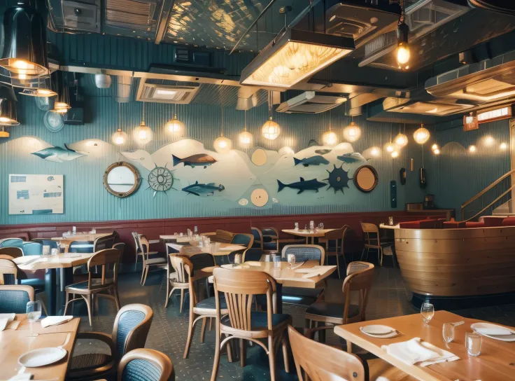 there are many tables and chairs in this restaurant with a boat on the wall, on the ocean, restaurant interior photography, by Jeka Kemp, looking partly to the left, by Daniel Lieske, by Tom Wänerstrand, by Daniel Schultz, by Robbie Trevino, by Pamela Drew...