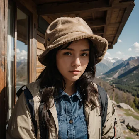 A girl in the mountains in a jacket with a hat looks at the camera, black hair, sympathetic face 