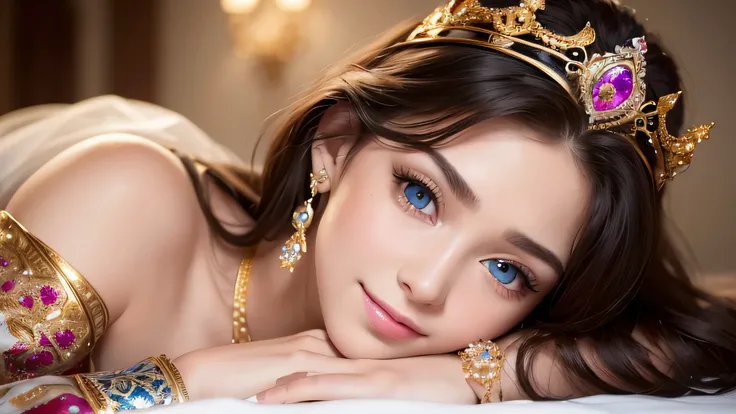 (highest quality, 8K, masterpiece)), super detailed, sharp focus, ((super realistic photos)), 1 beautiful woman, 18-year-old, Dresses with elaborate designs, gorgeous jewelry, tiara, Highly detailed face and skin texture, ((fine eyes)), ((beautiful eyes:1....