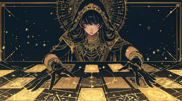 (best quality, masterpiece:1.2), illustration by artgerm and ayami kojima, shot from above, an attractive seeress reading tarot cards with you, pov, dark tones, emotive expression