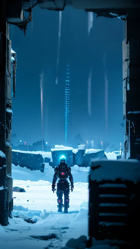 cyber punk, mechanical, broken, There is a photo of a very large iceberg, cyber punk, mechanical, broken, With lots of snow, dungeon background, icicle background, arena background, game background, dark gloomy cave background,