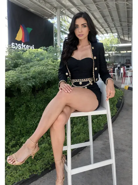 Araffe sentada en un taburete con un vestido negro y zapatos dorados., alani guillen, marischa becker, Piernas gruesas, hermosa dama, violeta myers, fernanda suarez, piernas jugosas, julia fuentes, se parece a fabiula natal, andrea rocha, mujer hermosa, lo...