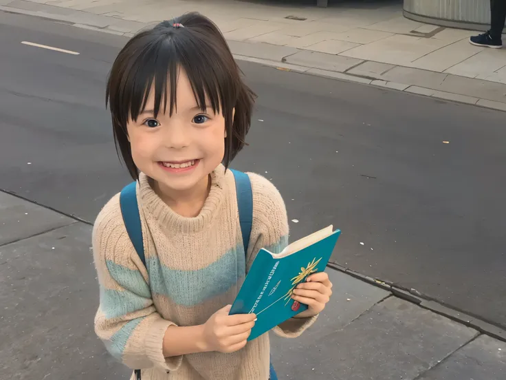 A young man with a book walking on the street smiling faced .