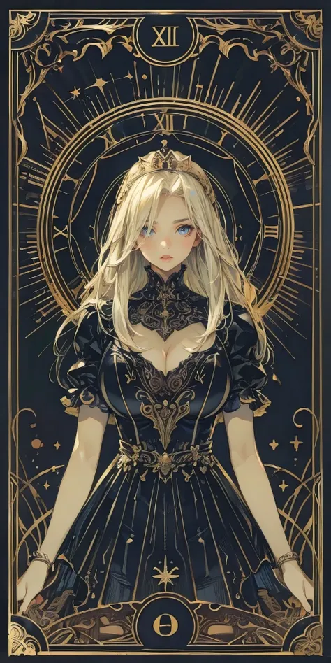 (best quality, masterpiece:1.2), tarot card illustration by artgerm and ayami kojima, empress. roman numerals "XIII", perfect body, (huge breasts, cleavage:1.3), hyperfeminine curves, tarot borders, mystical, elaborate details