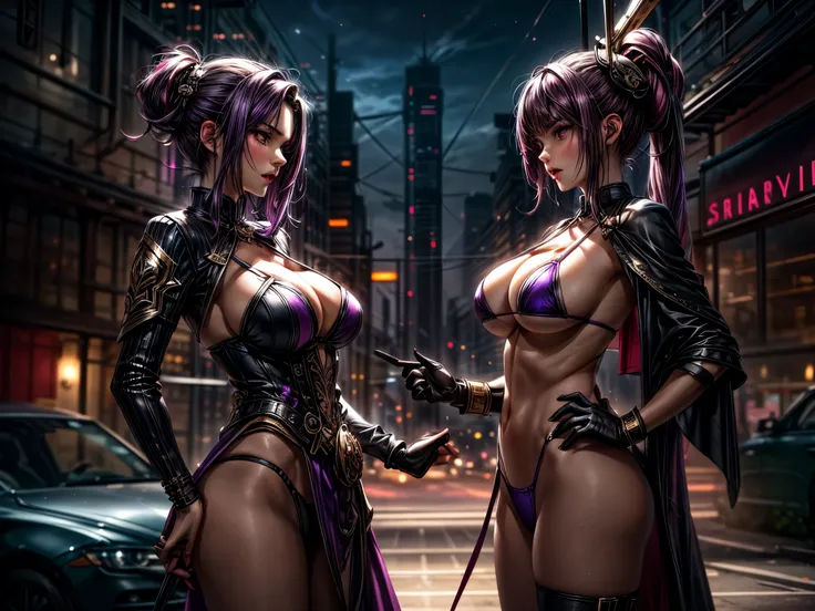 n a steam punk city, a woman with dark red and purple hair exudes confidence and sexiness in a micro bikini. Her arrogant demeanor is evident as she screams at a seductive girl, the tension between them palpable. The detailed rendering of the city in the b...