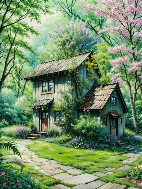 Painting of a small house surrounded by trees and flowers, flowery cottage, hidden tiny houses, hippie pad, wooden cottage, idyllic cottage, little cottage, sunlight and whimsical houses, neo - gypsy caravan, beautiful house on a forest path, the small hou...