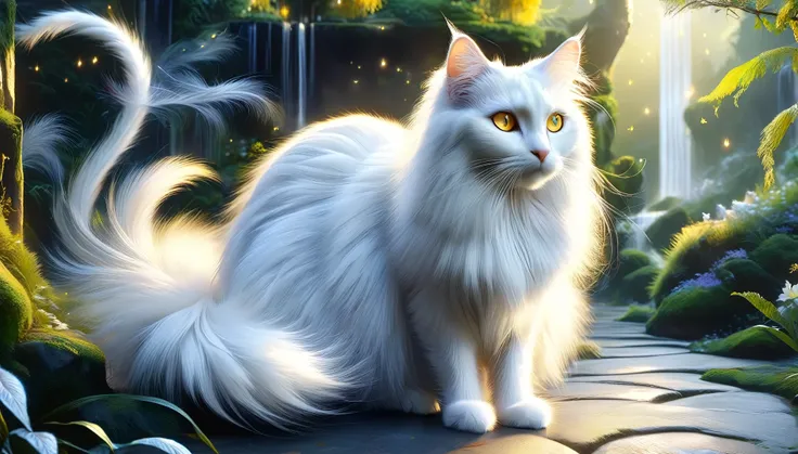 (master piece), 8k, best quality, magical white cats, yellow eyes, big furry tail,